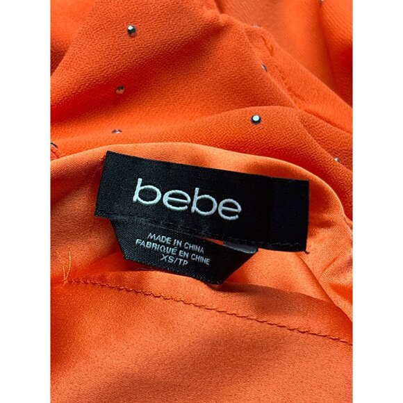 Bebe Orange Gold Rhinestone Embellished V-Neck Chiffon Mini Dress Flowy XS - Picture 6 of 8